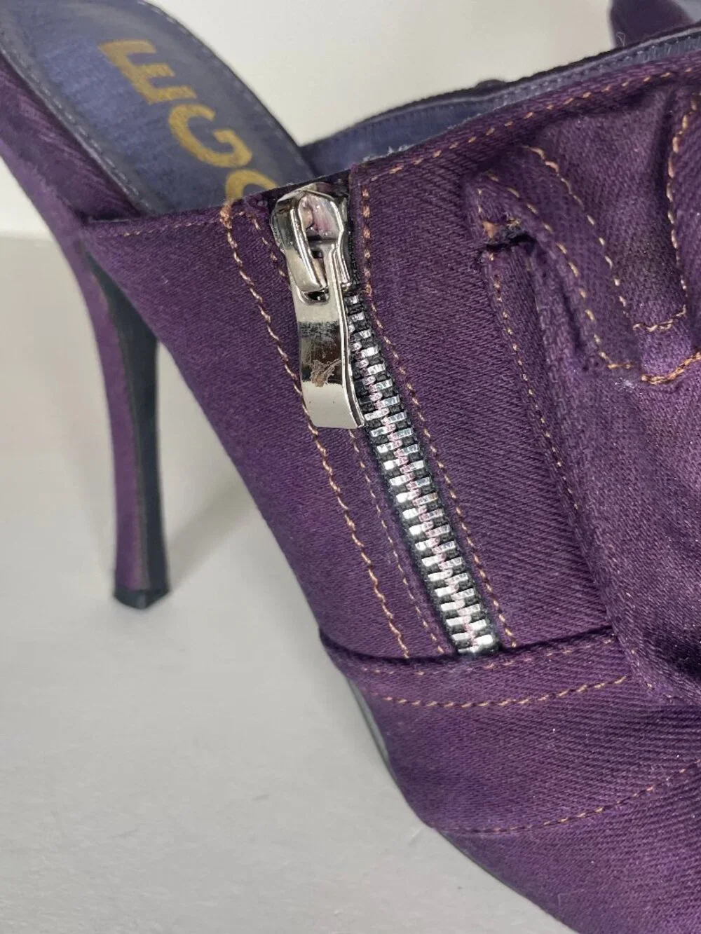 EGO Y2K Baddie Purple Denim Americana Pointed Toe Zipper Stiletto Mules Size 9